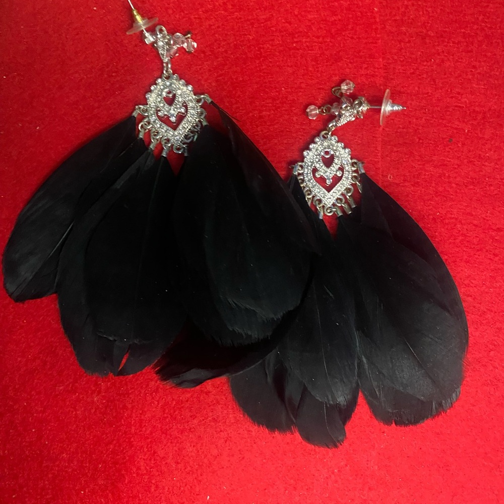 Make a Statement - Beautiful Black Feather & Rhinestone Earrings